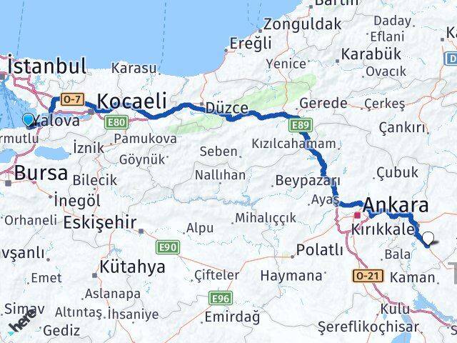 Yalova Keskin Kırıkkale Arası Kaç Km - Yol Haritası