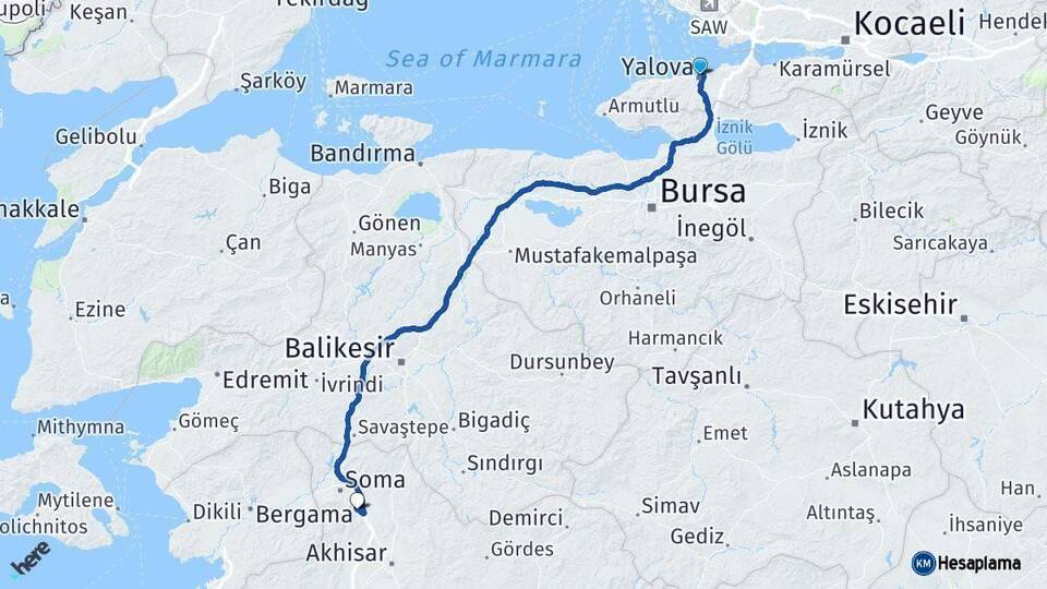 Yalova Kırkağaç Manisa Arası Kaç Km - Yol Haritası