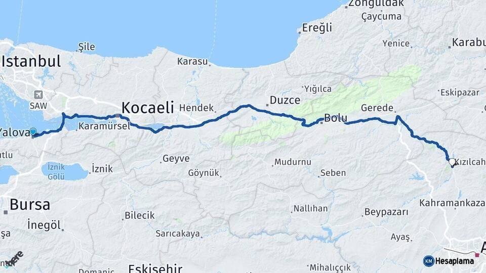 Yalova Kızılcahamam Ankara Arası Kaç Km - Yol Haritası