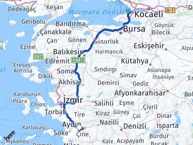 Yalova Koçarlı Aydın Arası Kaç Km - Yol Haritası