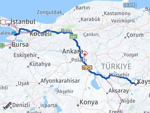 Yalova Kocasinan Kayseri Arası Kaç Km - Yol Haritası