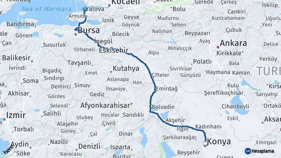 Yalova Konya Arası Kaç Saat? Yol Haritası, Yakıt, Rota ve Mesafe Hesaplama Yalova Konya Arası Kaç Km? Kaç Saat? Yol Haritası