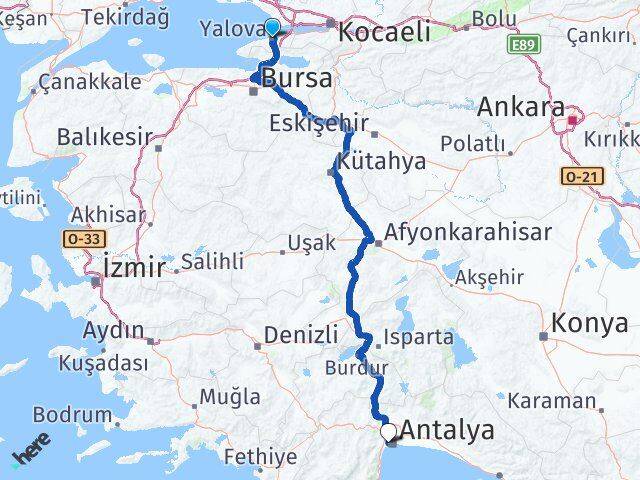 Yalova Konyaaltı Antalya Arası Kaç Km - Yol Haritası