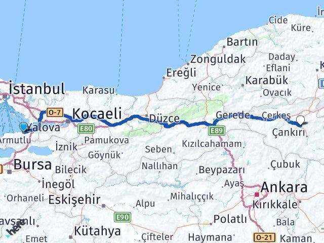 Yalova Korgun Çankırı Arası Kaç Km - Yol Haritası