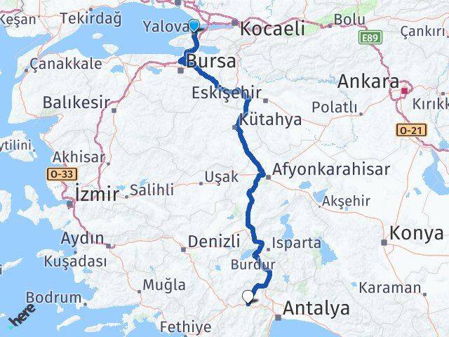 Yalova Korkuteli Antalya Arası Kaç Km - Yol Haritası