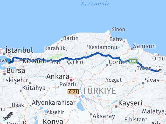Yalova Koyulhisar Sivas Arası Kaç Km - Yol Haritası