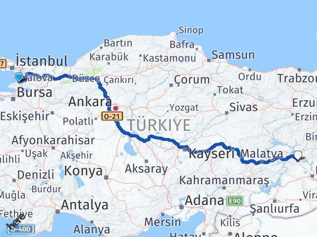 Yalova Maden Elazığ Arası Kaç Km - Yol Haritası