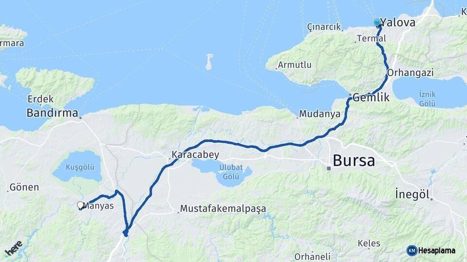 Yalova Manyas Balıkesir Arası Kaç Km - Yol Haritası