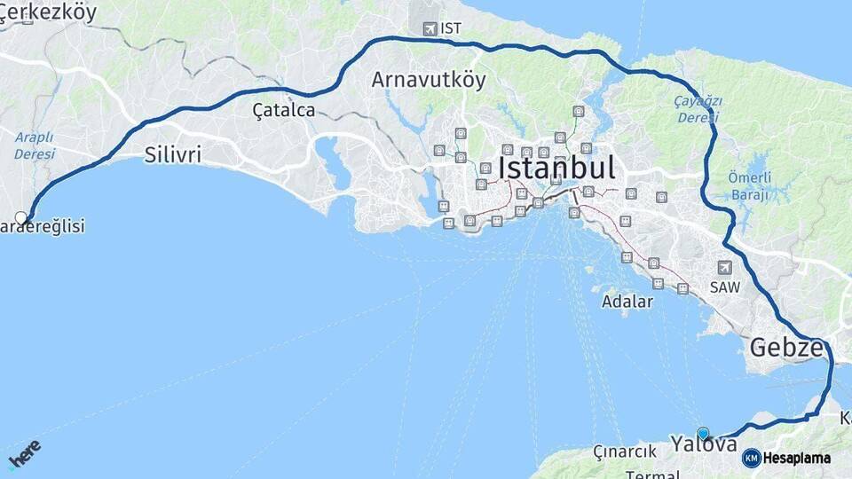 Yalova Marmaraereğlisi Tekirdağ Arası Kaç Km - Yol Haritası