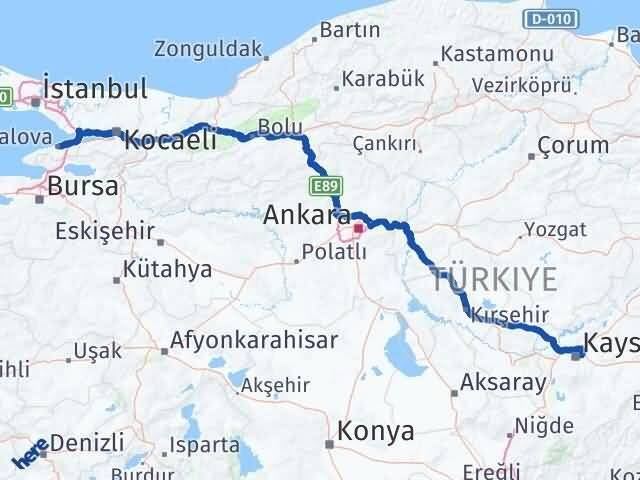 Yalova Melikgazi Kayseri Arası Kaç Km - Yol Haritası