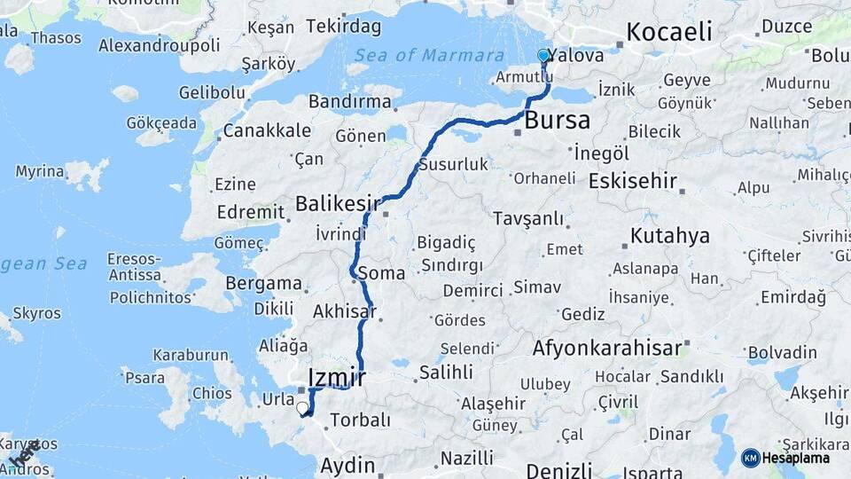 Yalova Menderes İzmir Arası Kaç Km - Yol Haritası