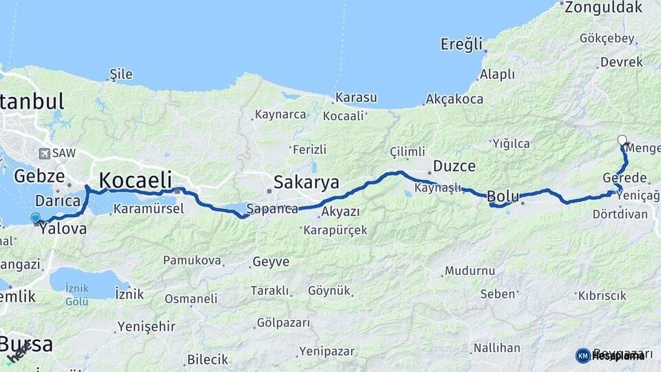 Yalova Mengen Bolu Arası Kaç Km - Yol Haritası
