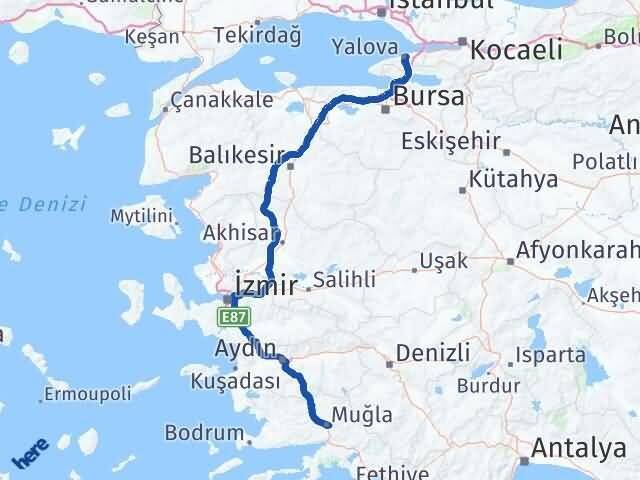 Yalova Menteşe Muğla Arası Kaç Km - Yol Haritası