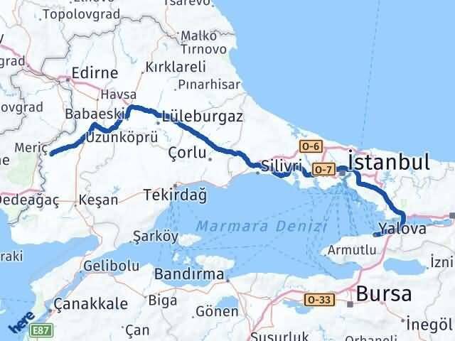 Yalova Meriç Edirne Arası Kaç Km - Yol Haritası