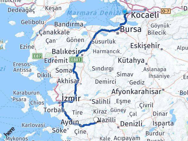 Yalova Nazilli Aydın Arası Kaç Km - Yol Haritası