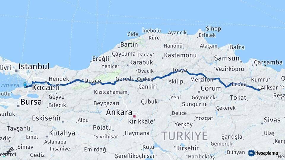 Yalova Niksar Tokat Arası Kaç Km - Yol Haritası