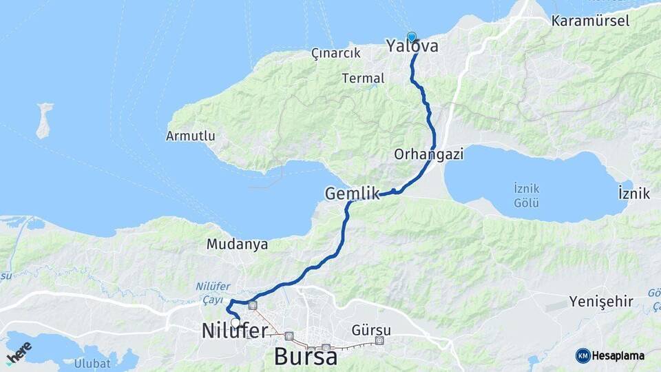 Yalova Nilüfer Bursa Arası Kaç Km - Yol Haritası