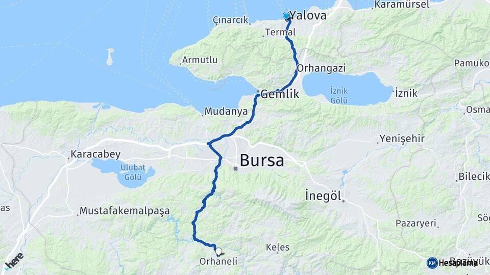 Yalova Orhaneli Bursa Arası Kaç Km - Yol Haritası