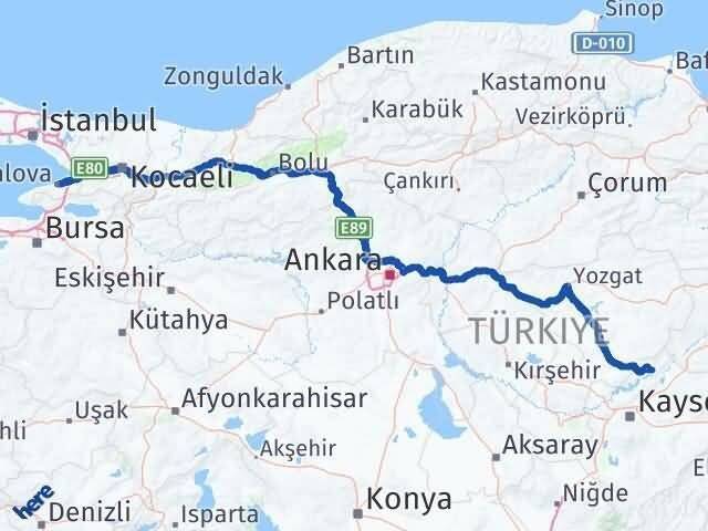 Yalova Özvatan Kayseri Arası Kaç Km - Yol Haritası