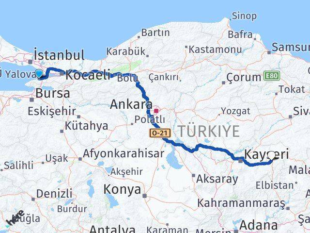 Yalova Pınarbaşı Kayseri Arası Kaç Km - Yol Haritası