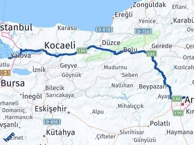 Yalova Pursaklar Ankara Arası Kaç Km - Yol Haritası