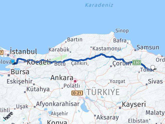 Yalova Reşadiye Tokat Arası Kaç Km - Yol Haritası