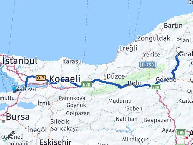 Yalova Safranbolu Karabük Arası Kaç Km - Yol Haritası