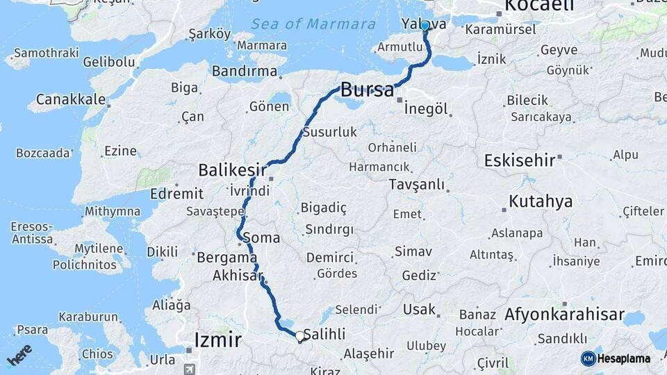 Yalova Salihli Manisa Arası Kaç Km - Yol Haritası