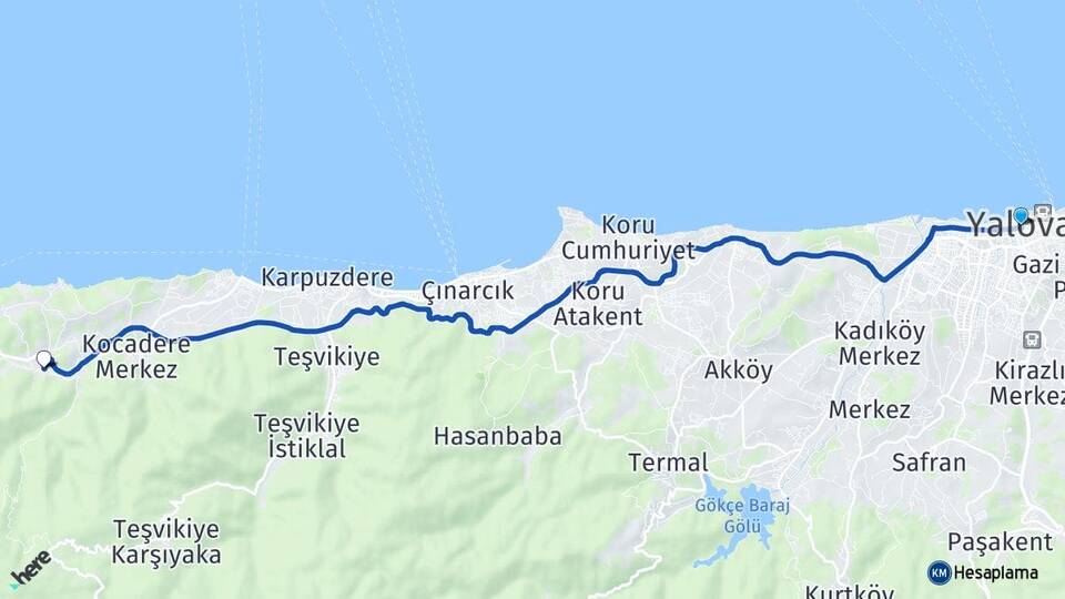 Yalova Şenköy Çınarcık Arası Kaç Km - Yol Haritası