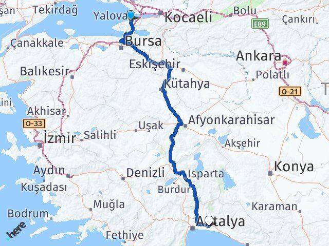 Yalova Serik Antalya Arası Kaç Km - Yol Haritası