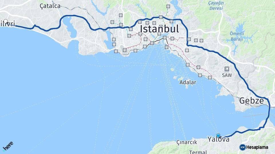 Yalova Silivri İstanbul Arası Kaç Km - Yol Haritası