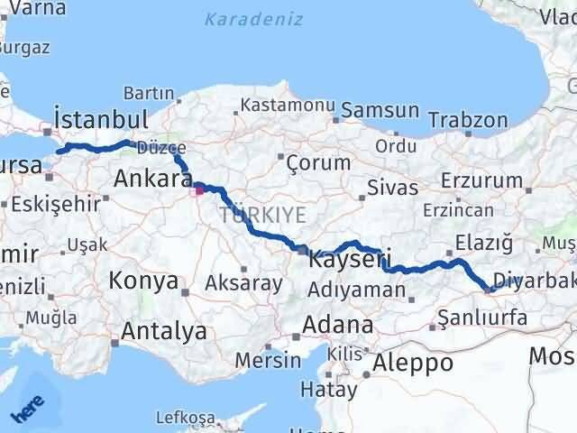 Yalova Silvan Diyarbakır Arası Kaç Km - Yol Haritası