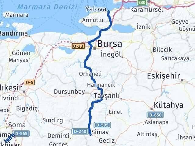 Yalova Simav Kütahya Arası Kaç Km - Yol Haritası