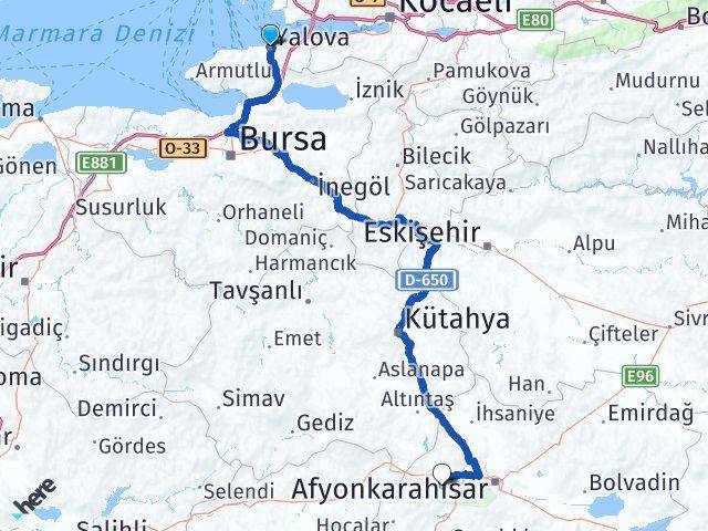 Yalova Sinanpaşa Afyonkarahisar Arası Kaç Km - Yol Haritası