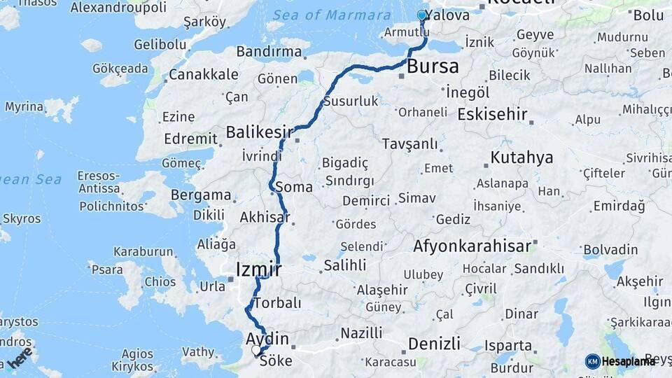 Yalova Söke Aydın Arası Kaç Km - Yol Haritası