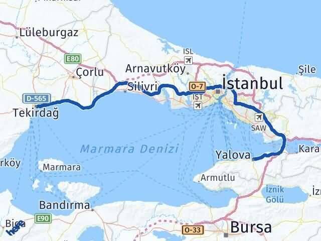 Yalova Süleymanpaşa Tekirdağ Arası Kaç Km - Yol Haritası