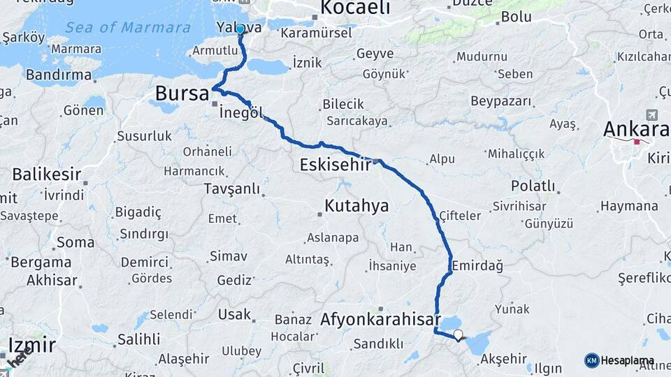 Yalova Sultandağı Afyonkarahisar Arası Kaç Km - Yol Haritası