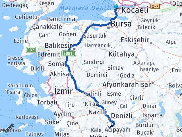 Yalova Tavas Denizli Arası Kaç Km - Yol Haritası