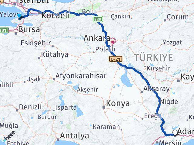 Yalova Termal Adana Arası Kaç Km - Yol Haritası