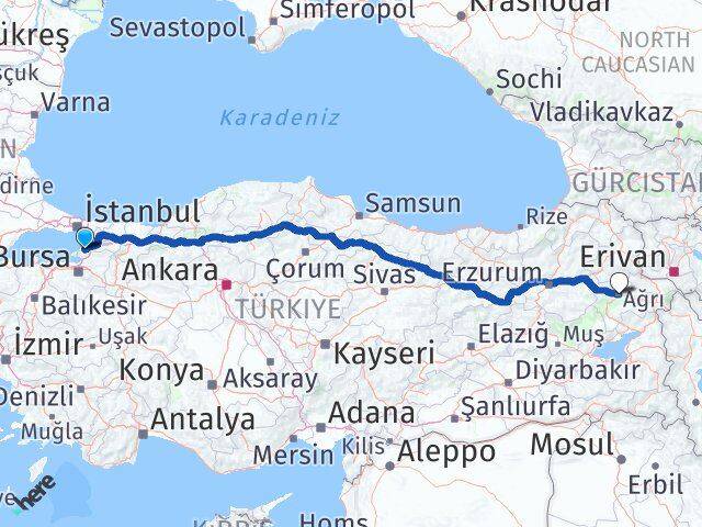 Yalova Termal Ağrı Arası Kaç Km - Yol Haritası