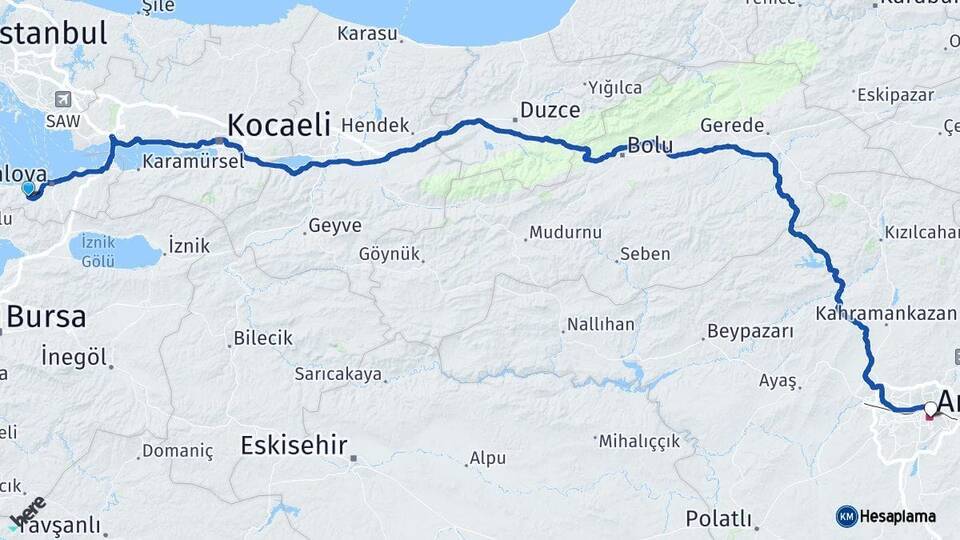 Yalova Termal Ankara Arası Kaç Km - Yol Haritası