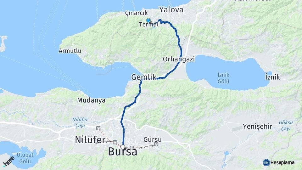 Yalova Termal Bursa Arası Kaç Km - Yol Haritası