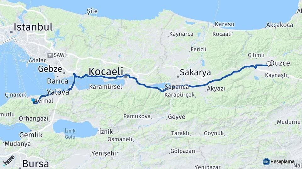 Yalova Termal Düzce Arası Kaç Km - Yol Haritası