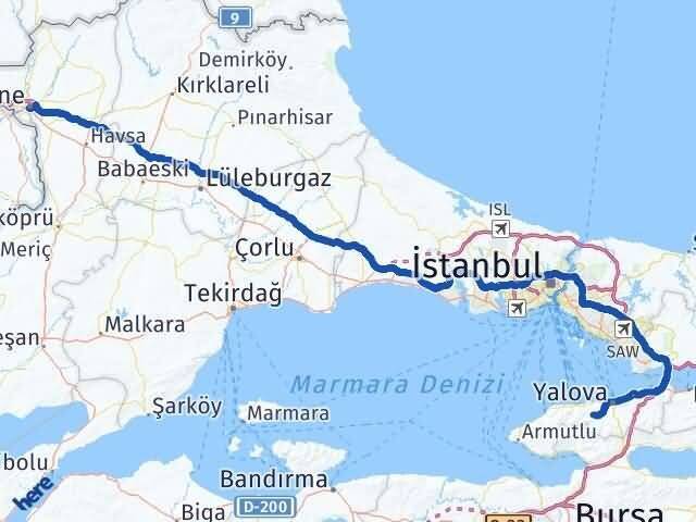 Yalova Termal Edirne Arası Kaç Km - Yol Haritası