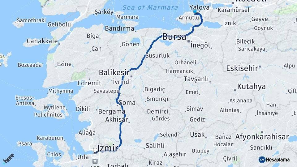 Yalova Termal İzmir Arası Kaç Km - Yol Haritası