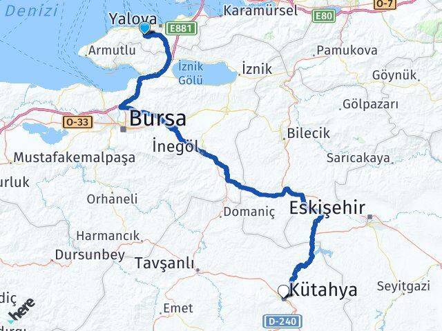 Yalova Termal Kütahya Arası Kaç Km - Yol Haritası
