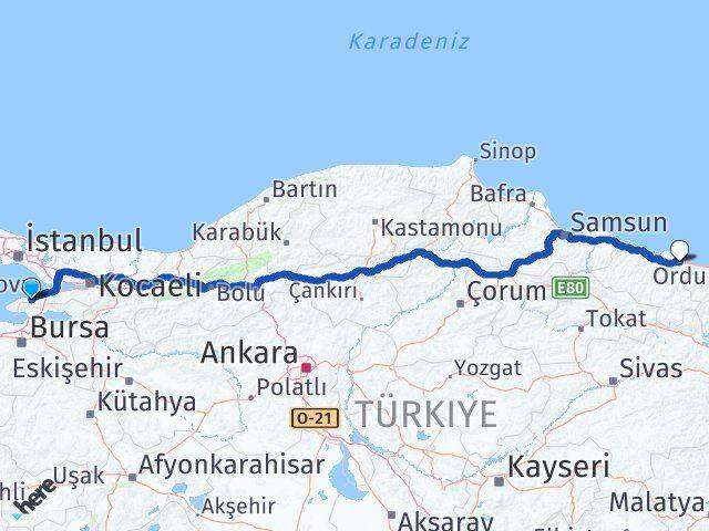 Yalova Termal Ordu Arası Kaç Km - Yol Haritası