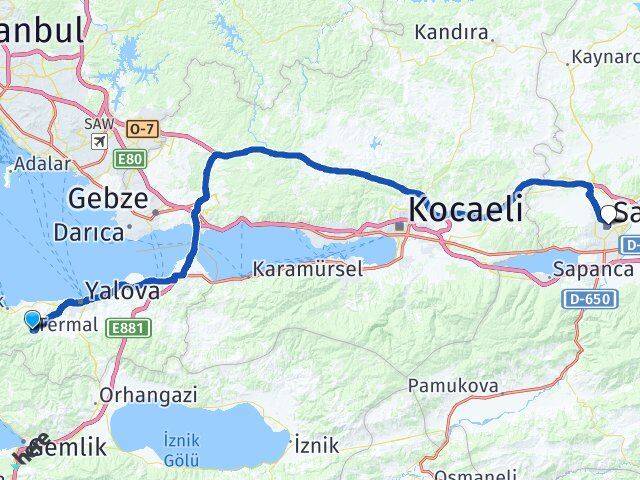Yalova Termal Sakarya Arası Kaç Km - Yol Haritası