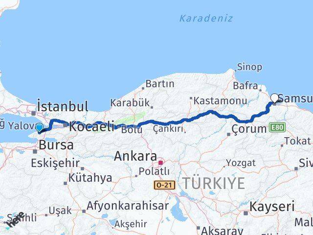 Yalova Termal Samsun Arası Kaç Km - Yol Haritası