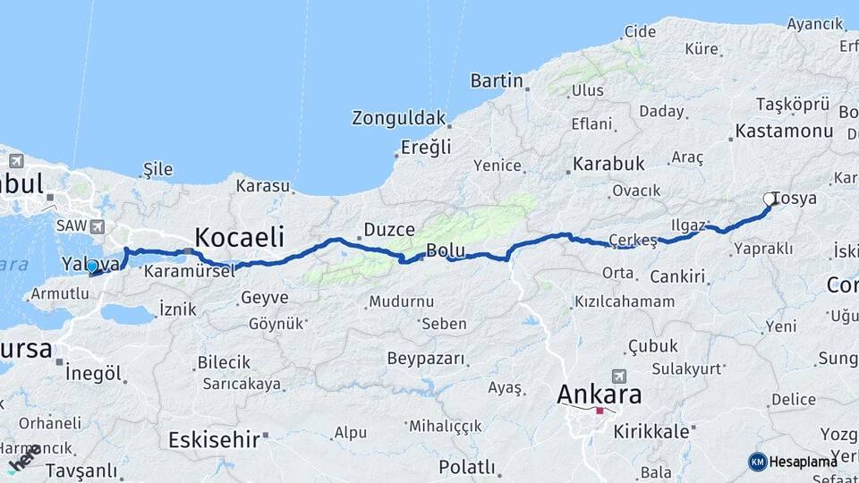 Yalova Tosya Kastamonu Arası Kaç Km - Yol Haritası